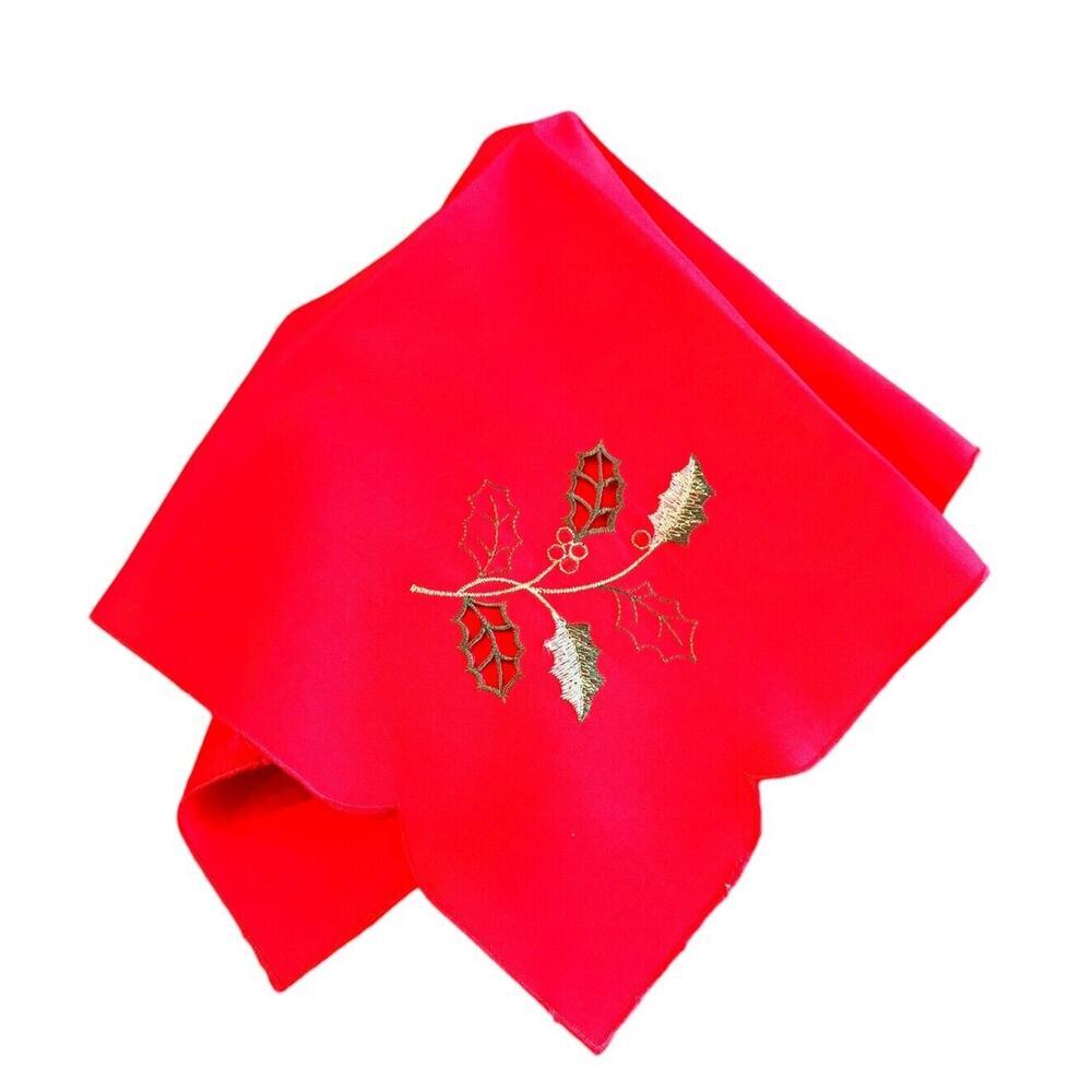 12 Christmas Holiday Dinner Napkins Red Satin Embroidered Holly Berries 17x17"